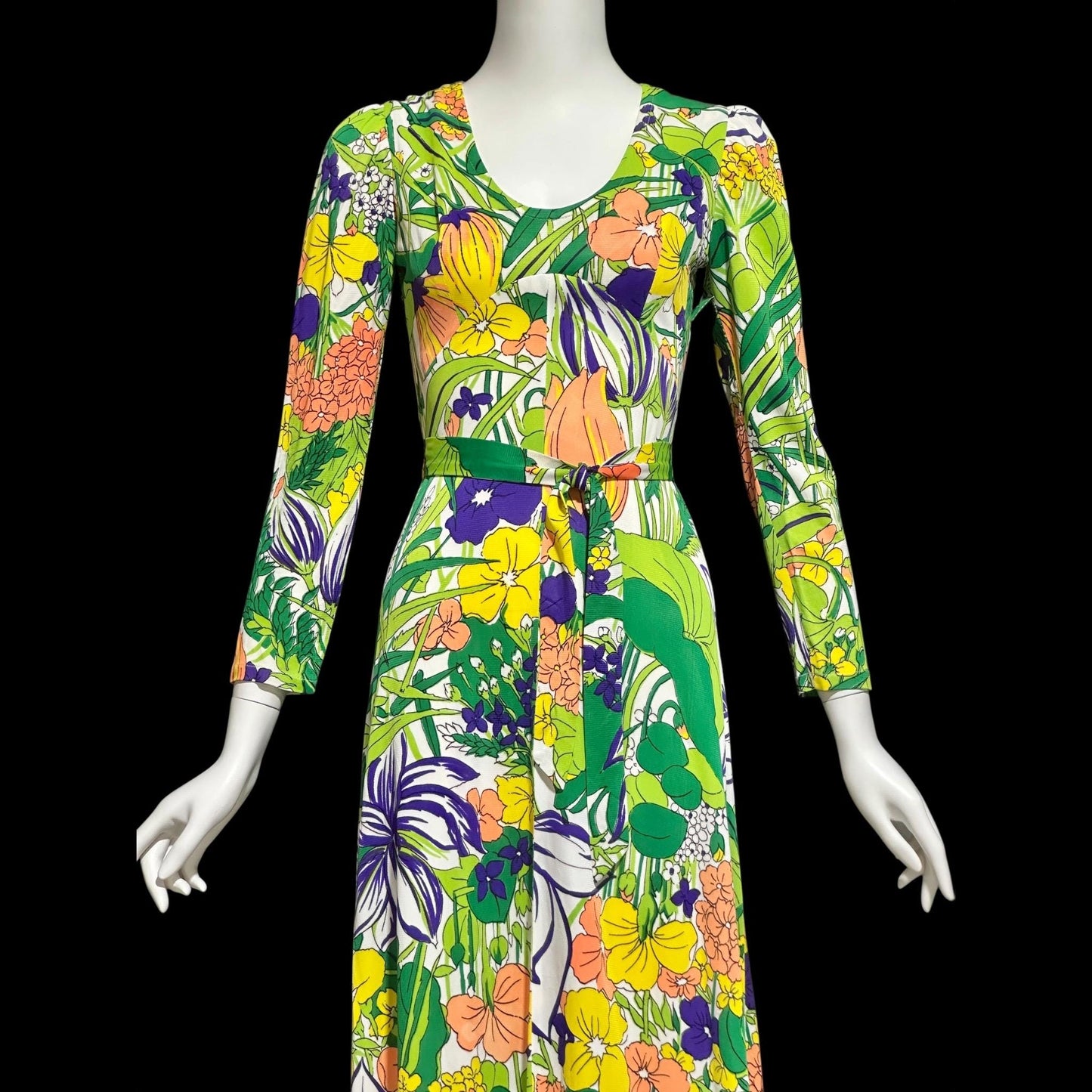THE COMPANY, vintage 1970s maxi dress, slinky psychedelic floral print dress, long sleeve op art garden party day dress
