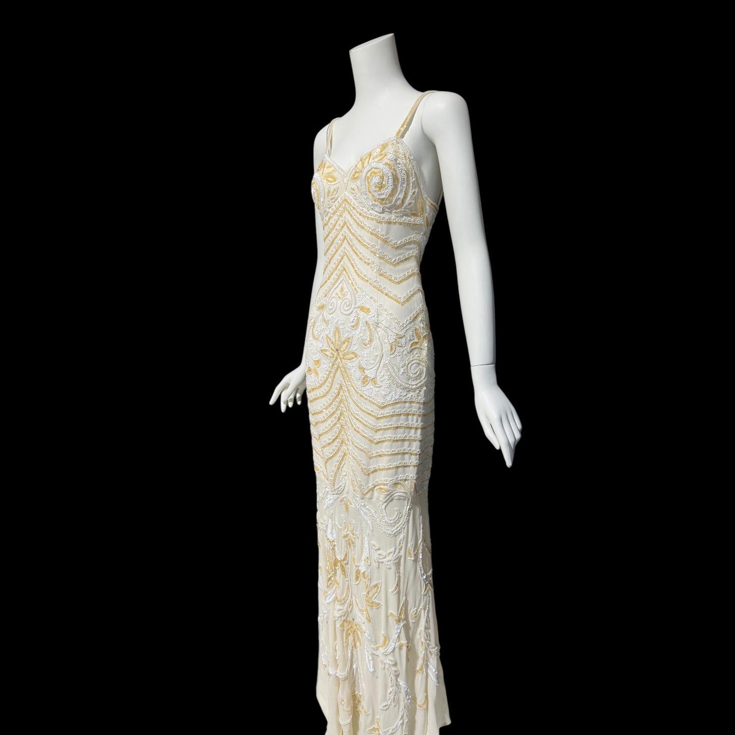 EVA HAYNAL FORSYTH, Vintage 1990s evening wedding dress, off white beaded sequins mermaid sheath slip dress gown