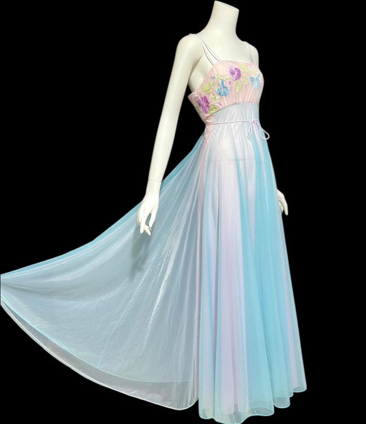 VANITY FAIR, vintage 1950s nightgown slip dress, pastel sorbet sheer chiffon embroidered goddess gown