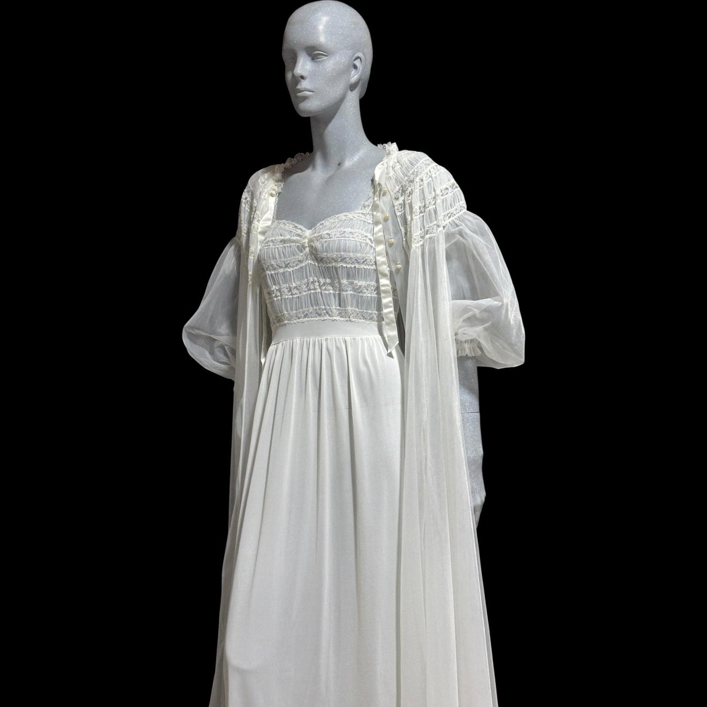 RADCLIFFE vintage 1940s nightgown robe set, bridal white chiffon wedding peignoir slip dress set