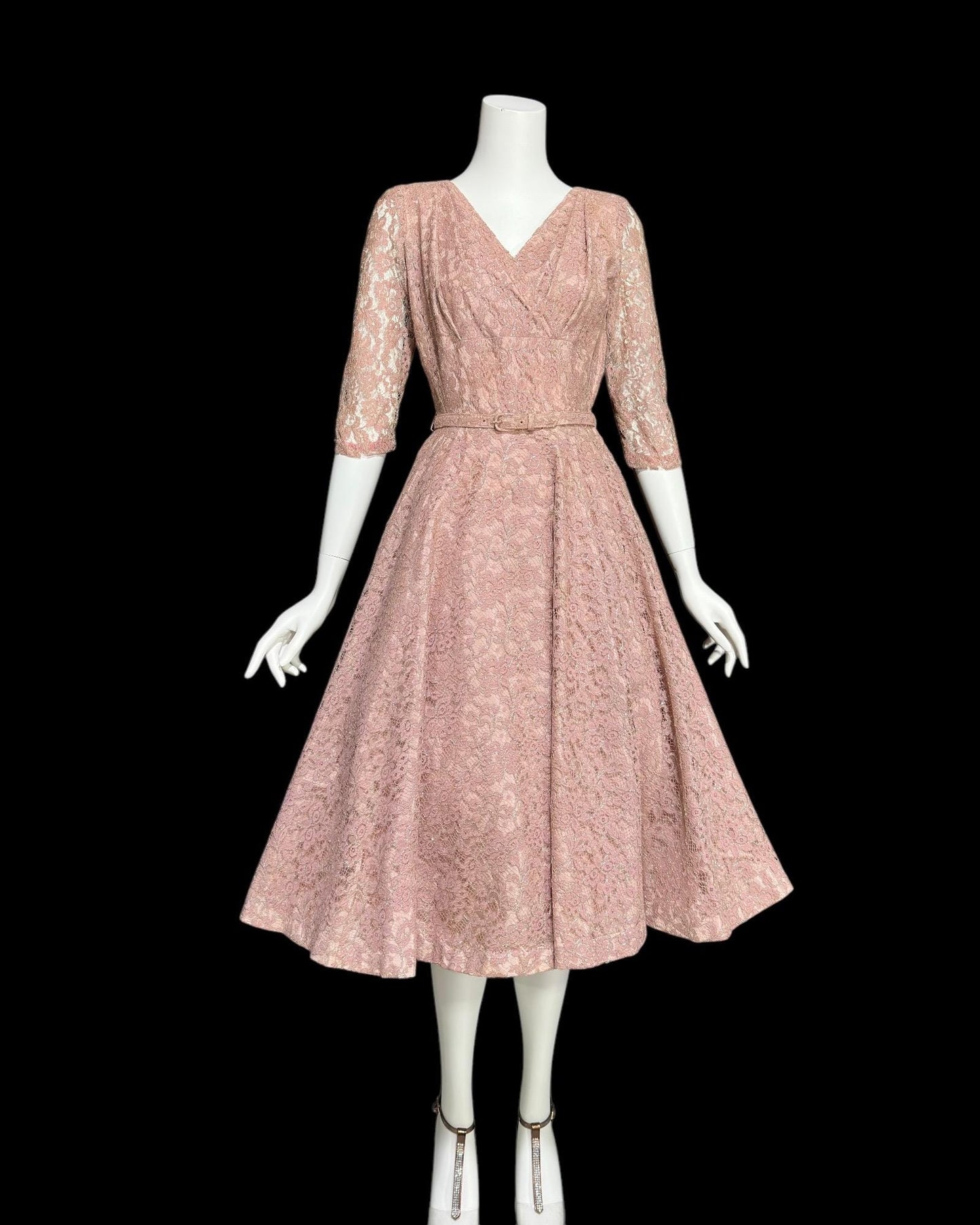 ANN KAUFFMAN, vintage 1950s dress, Old Rose Pink lace w/ silver metallic, shelf bust fit and flare cocktail party evening dress