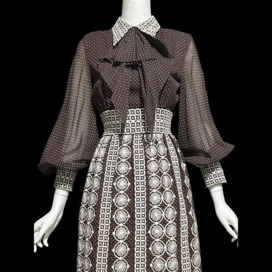 ROMANTICA VICTOR COSTA shirtdress day dress, Vintage 1970s Bishop sleeves and pussy bow, Brown and white embroidered floral
