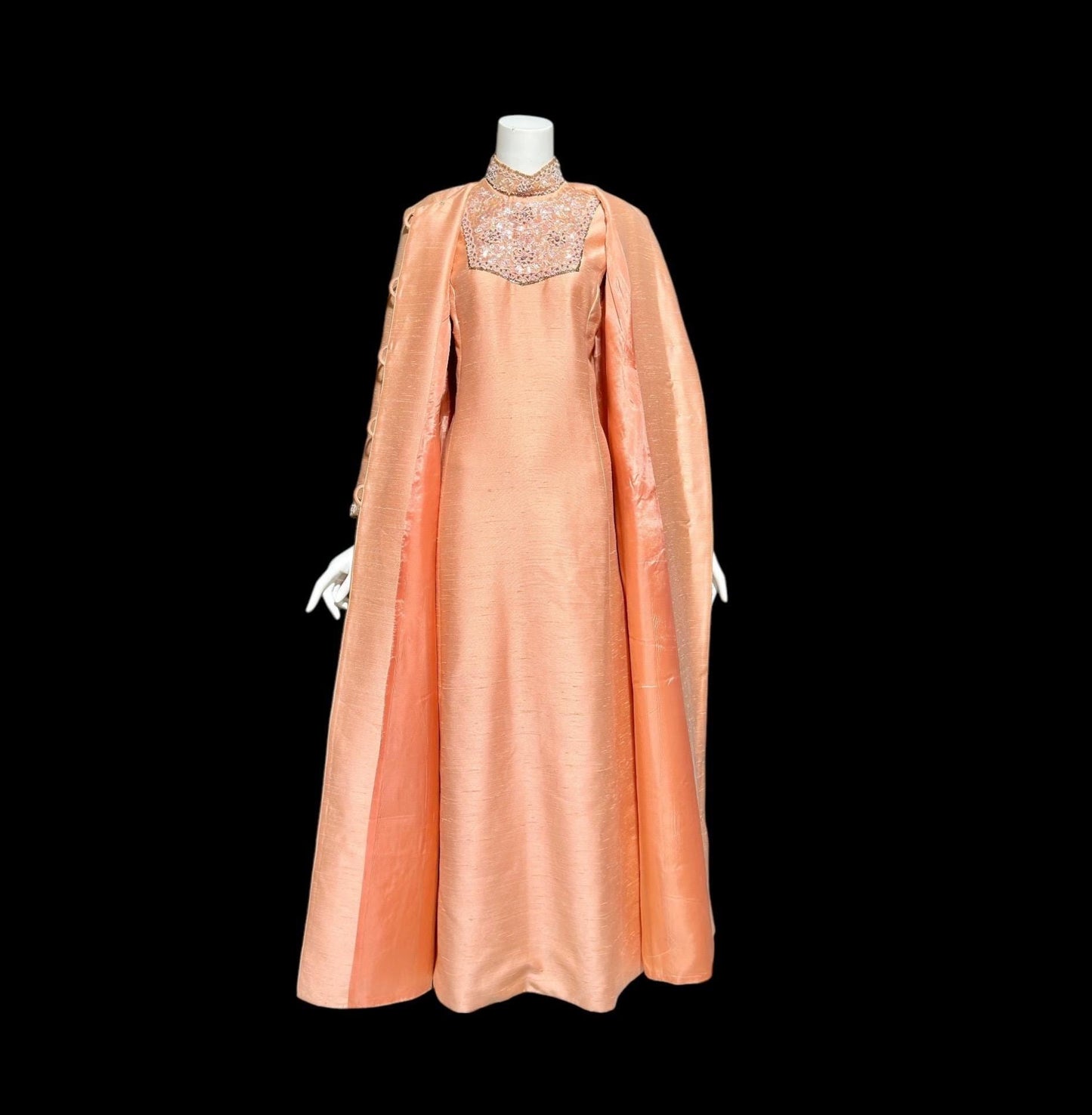 SMART MISS Vintage 1960s evening gown and opera coat ensemble, Peach raw silk high neck beaded mod column dress and duster