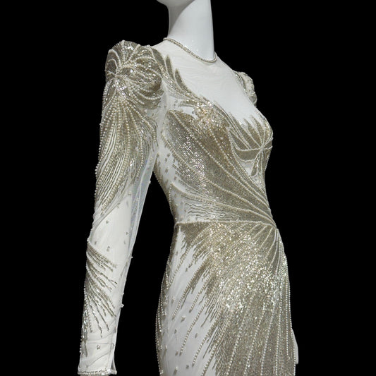 CARLOTA ALFARO, vintage 1970s evening gown dress, White mesh with silver and white beads sheath dress