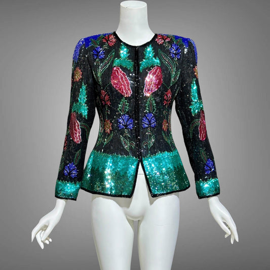 1980s vintage Evening jacket, vibrant jewel tone beaded and sequins princess cut elegant cocktail party jacket blouse top