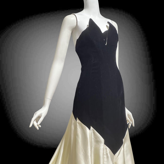 VICTOR COSTA vintage 1970s evening dress gown, Neiman Marcus, black velvet & white satin strapless mermaid gown