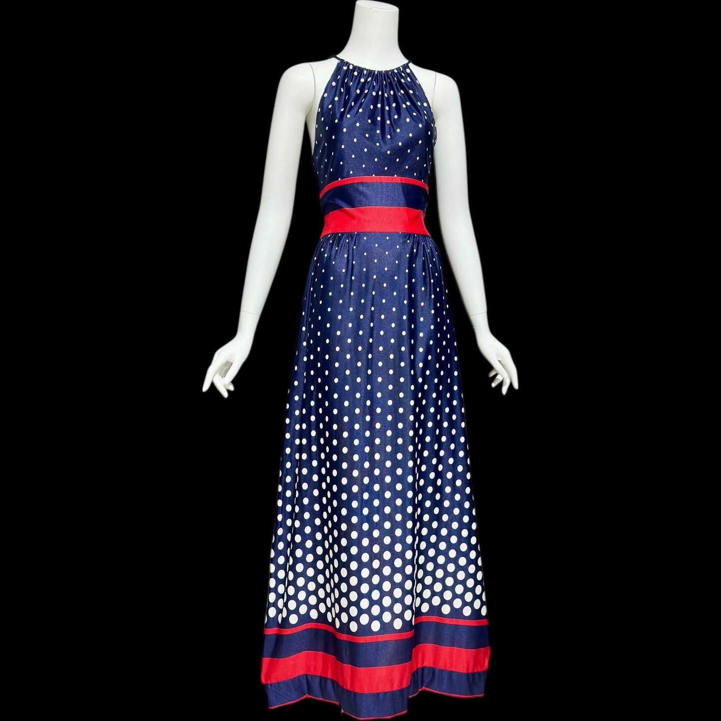 1970s vintage maxi dress, Navy blue and white polka dots, red stripes, halter casual summer party long 4th of July sundress