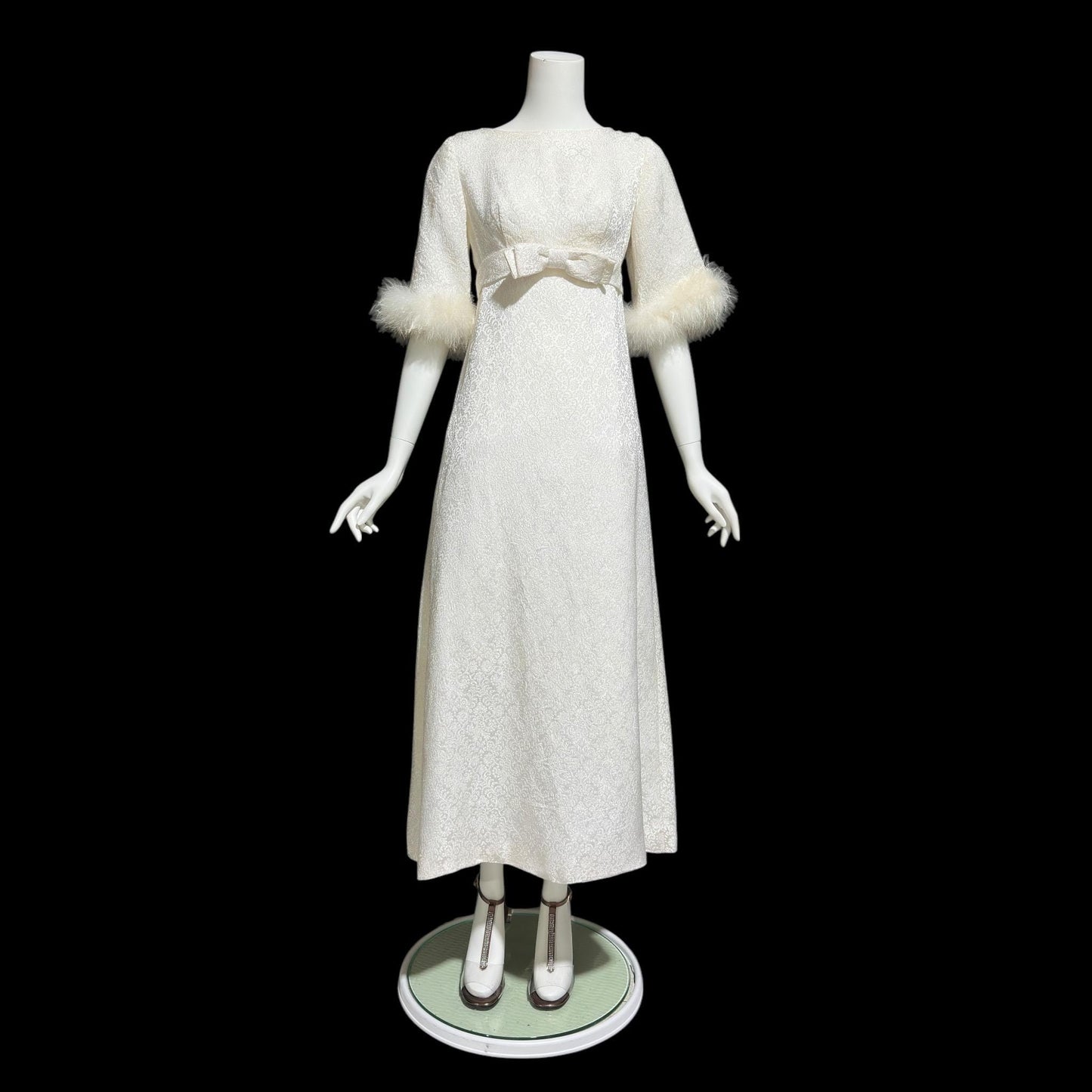 1960s vintage wedding dress gown, shimmering pearly white damask & marabou feathers bridal evening dress