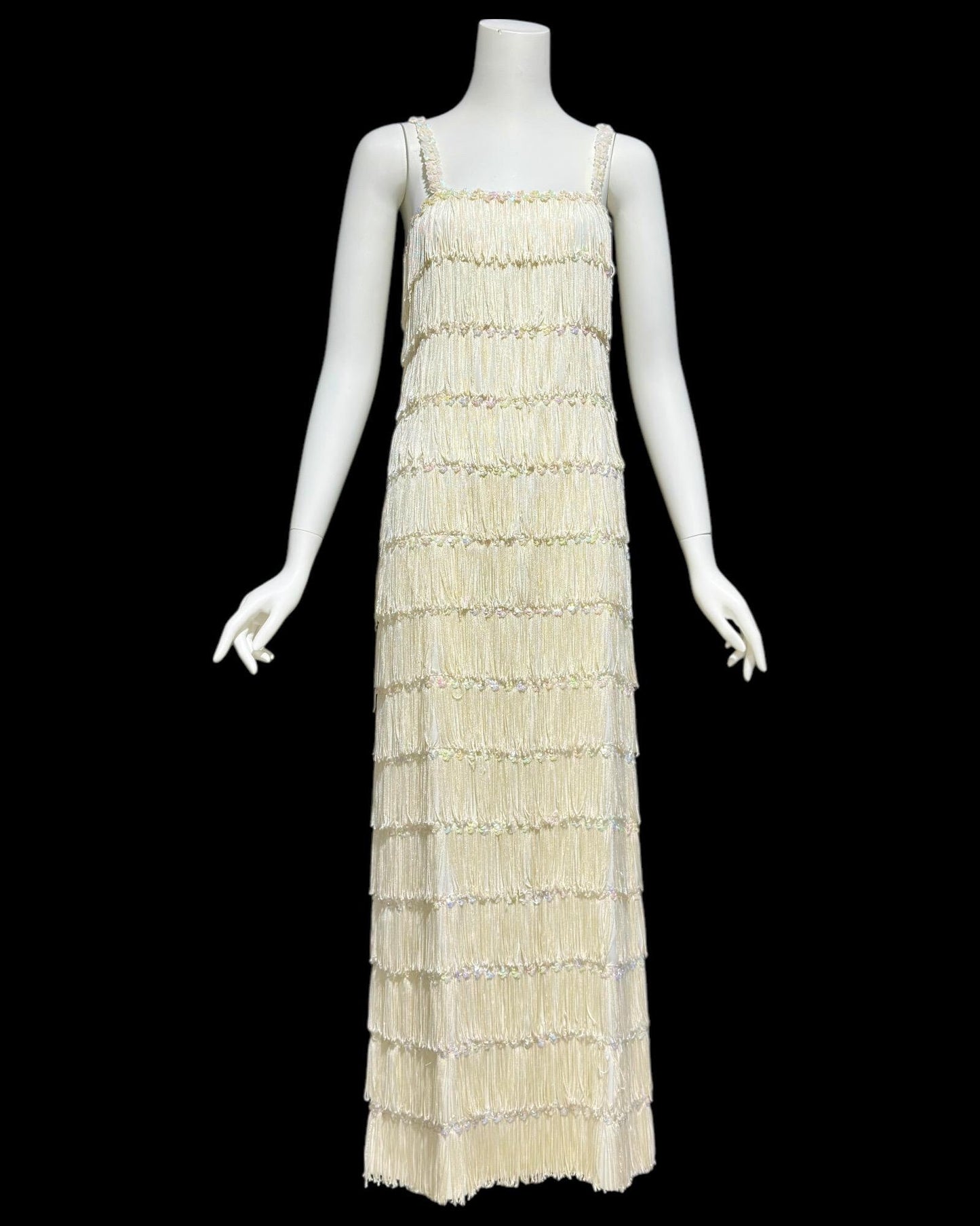 1960s vintage white fringed evening dress gown, column dress with sequins