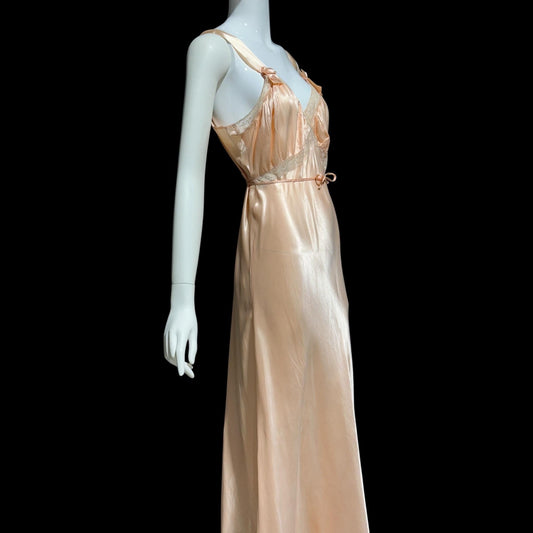 MISS SIREN, vintage 1930s Nightgown slip dress, shiny peach rayon bias cut lacy slip dress