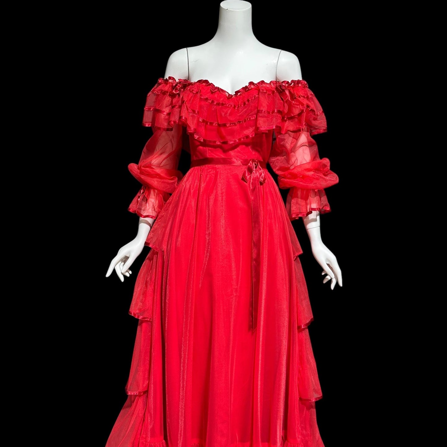 DANCE ALLURE, vintage 1980s evening dress, RED off-the-shoulder prom gown, ruffled tiered skirt