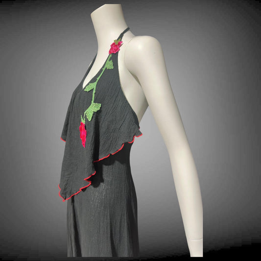 YOUNG EDWARDIAN by ARPEJA, vintage 1970s black crinkle cotton gauze maxi dress