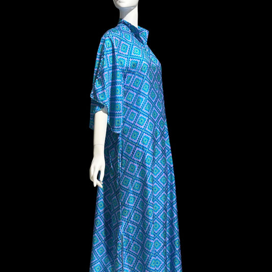 RAKSHA vintage 1970s Silk Caftan dress, Blue and green silk Hippie Boho Maxi Dress
