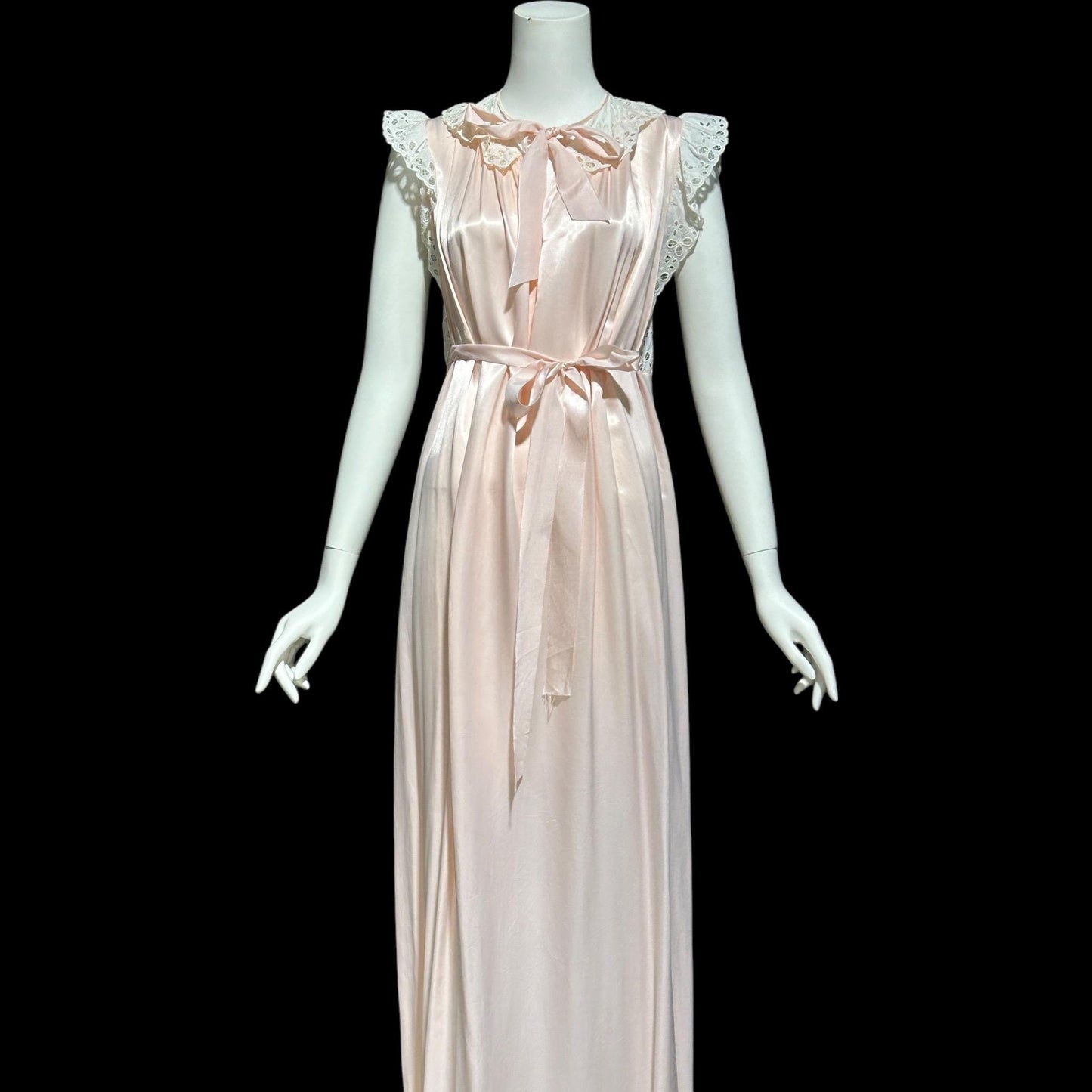 GODFRIED, vintage 1940s nightgown, Pink Bur-mil Rayon with white eyelet lace and waterfall back