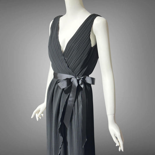 MARSHALL ROUSSO Las Vegas, vintage 1970s evening dress, black pleated plisse wrap front grecian goddess gown