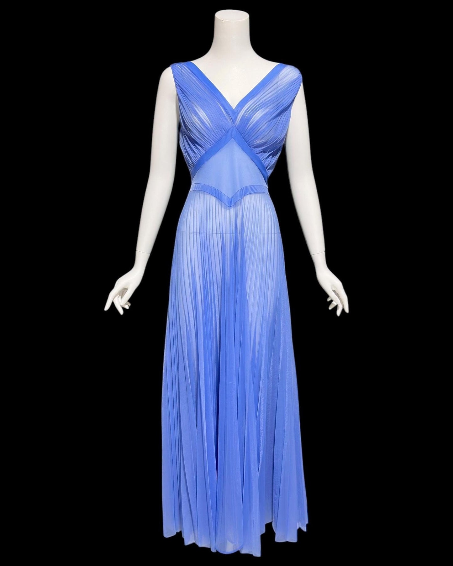 VANITY FAIR, for Julius Garfinckel, vintage 1940s chiffon nightgown, periwinkle sheer full sweep pleated gown