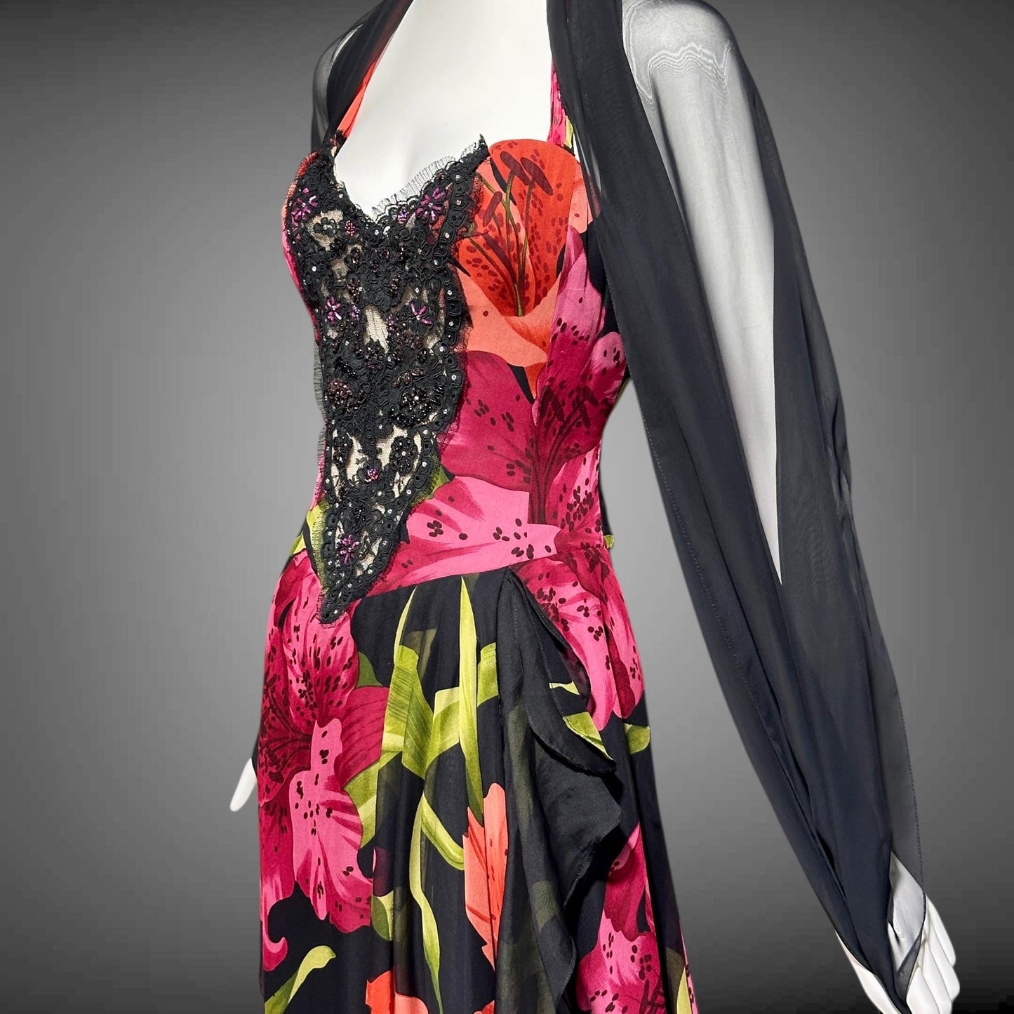 ROSE TAFT vintage 1990s evening dress gown, all silk pink and orange tiger lily floral chiffon halter gown