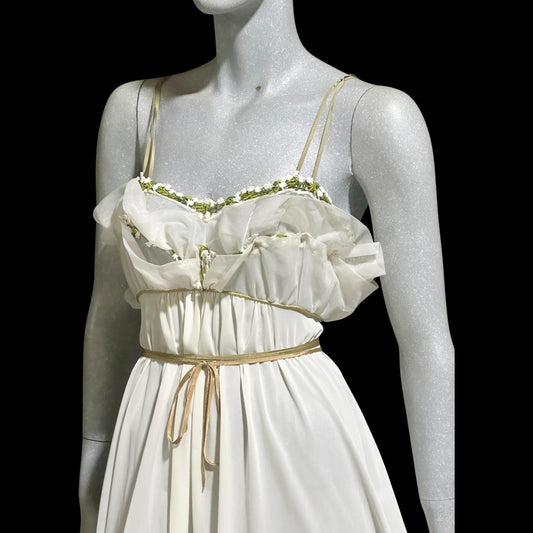 EYEFUL vintage 1950s nightgown slip dress, ethereal fairy garden nymph white nylon w/ lilies of the valley