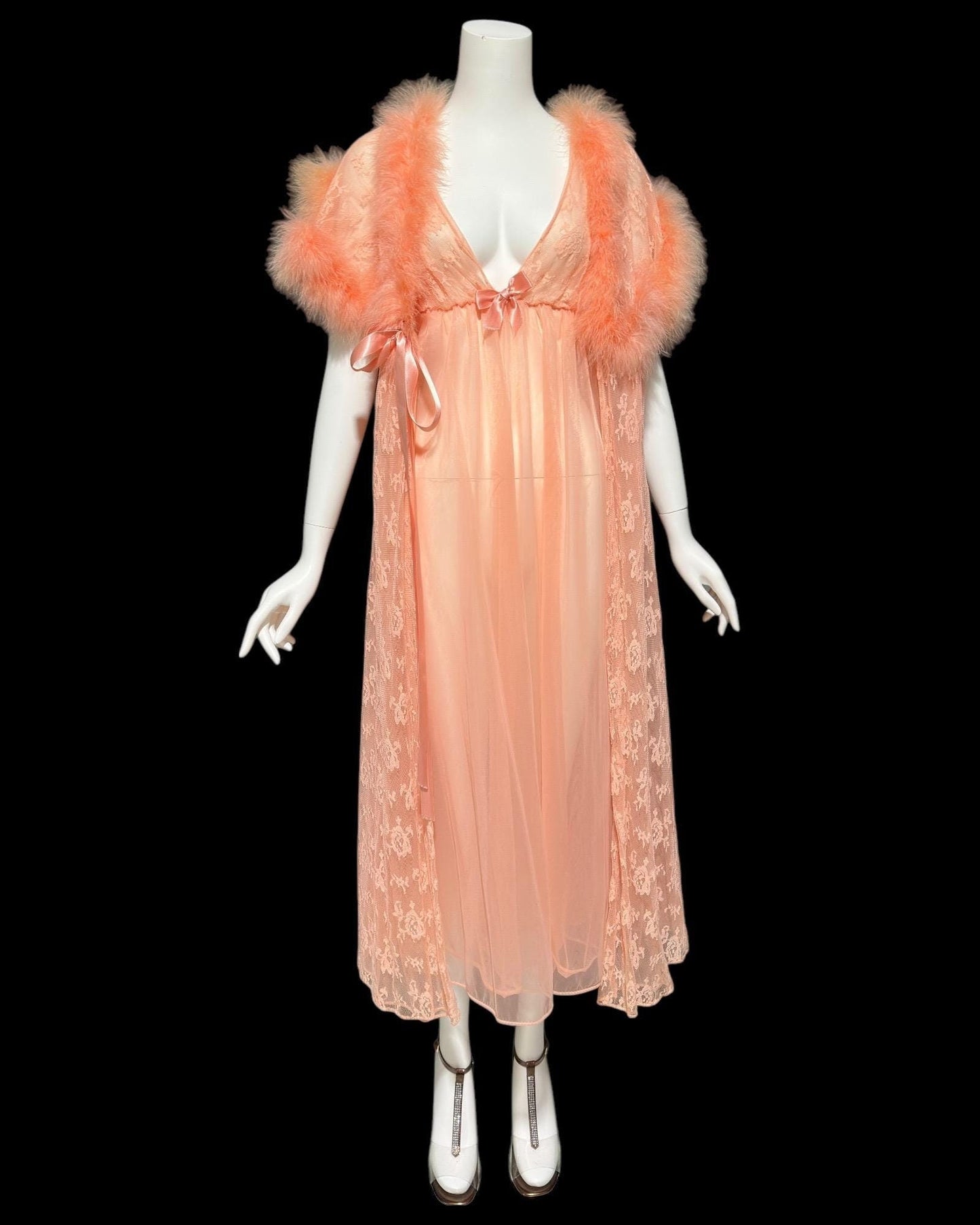 JENELLE vintage nightgown robe set, 1960s Peachy Orange Sherbet double layer chiffon, slip dress peignoir set, Marabou feathers