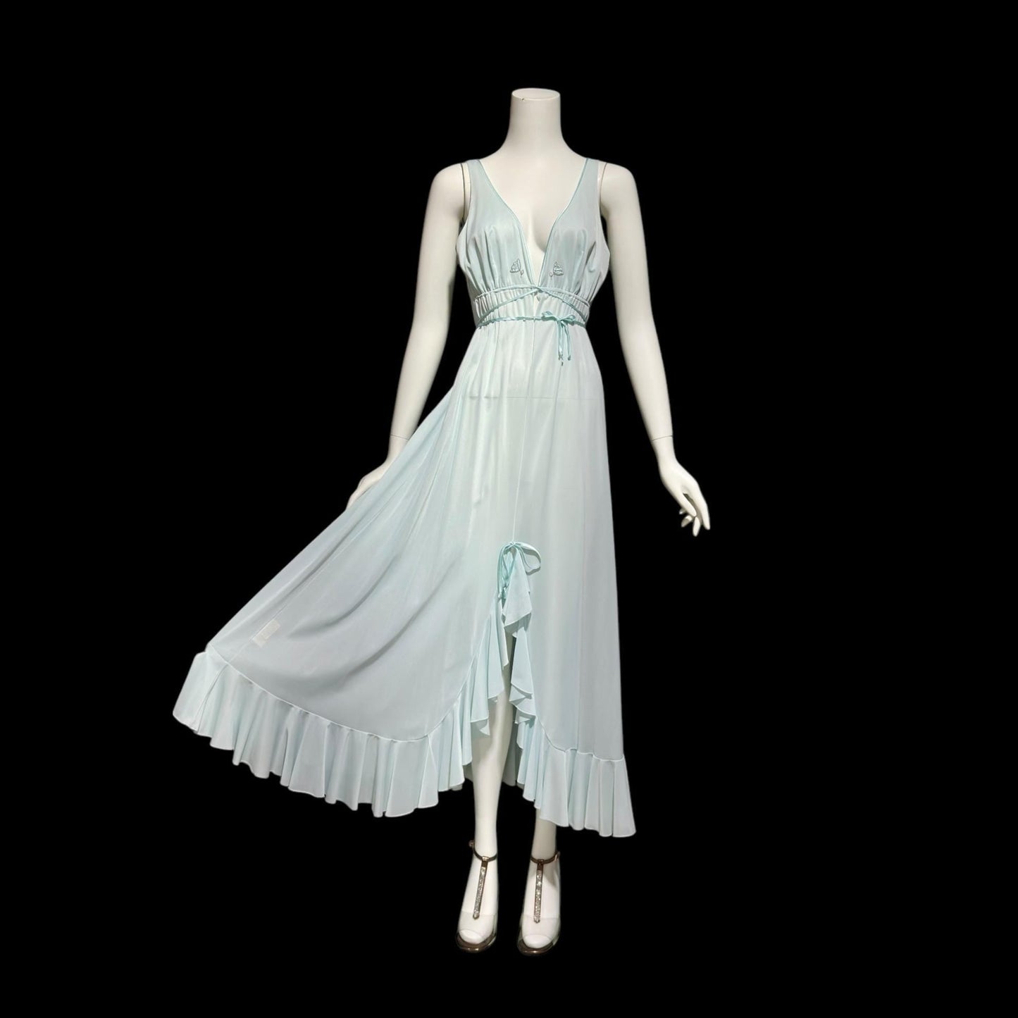 LUCIE ANN BEVERLY Hills, Claire Sandra vintage 1960s nightgown, powder blue jersey knit ruffled hem gown