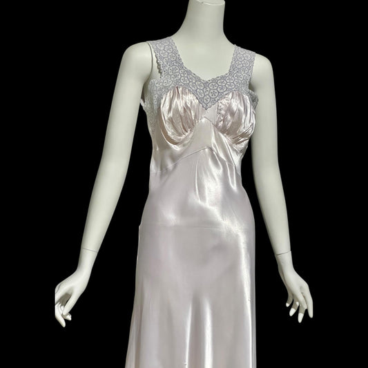 1940s vintage Nightgown slip dress, Shiny bias cut lavender night dress, full length with blue eyelet lace