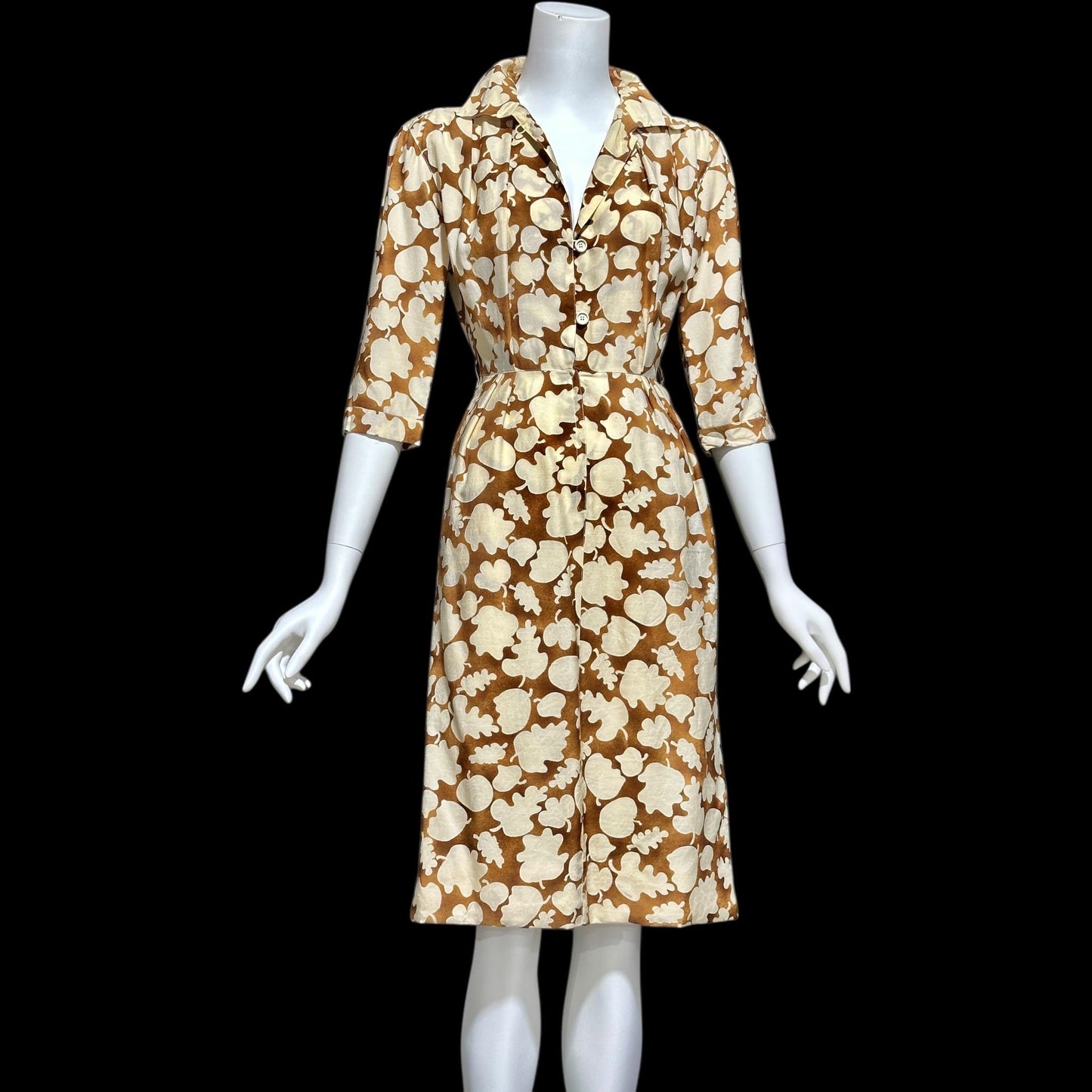 COURREGES vintage 1970s shirtdress, silk blend, nutmeg and cream button front wear to work dress