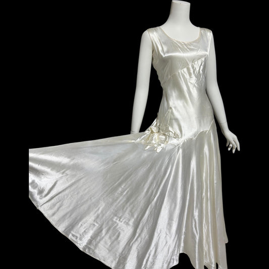1940s vintage wedding dress, shimmering white satin tea length bridal ball gown