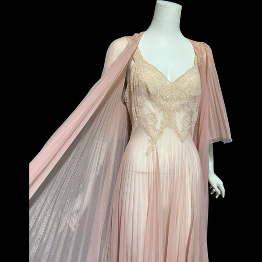 VANITY FAIR Peignoir set, Vintage 1940s Dusty Pink pleated bridal slip dress and robe