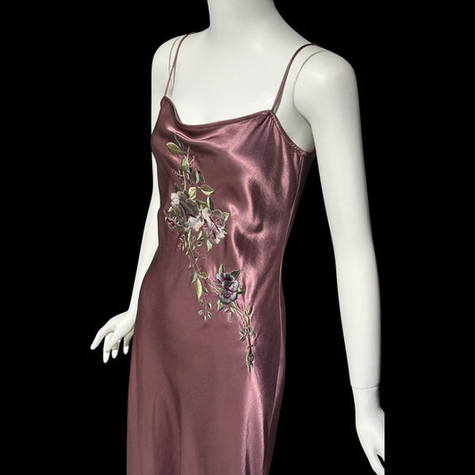 BONNIE STRAUSS vintage 1990s evening slip dress, shiny satin bias cut sheath embroidered 1940s style gown