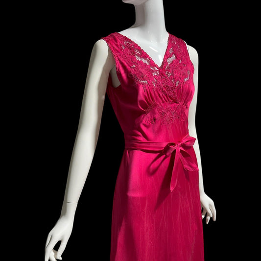 PEONY vintage 1950s Silk Nightgown Slip Dress: Made in SHANGHAI Embroidered Magenta bias cut gown