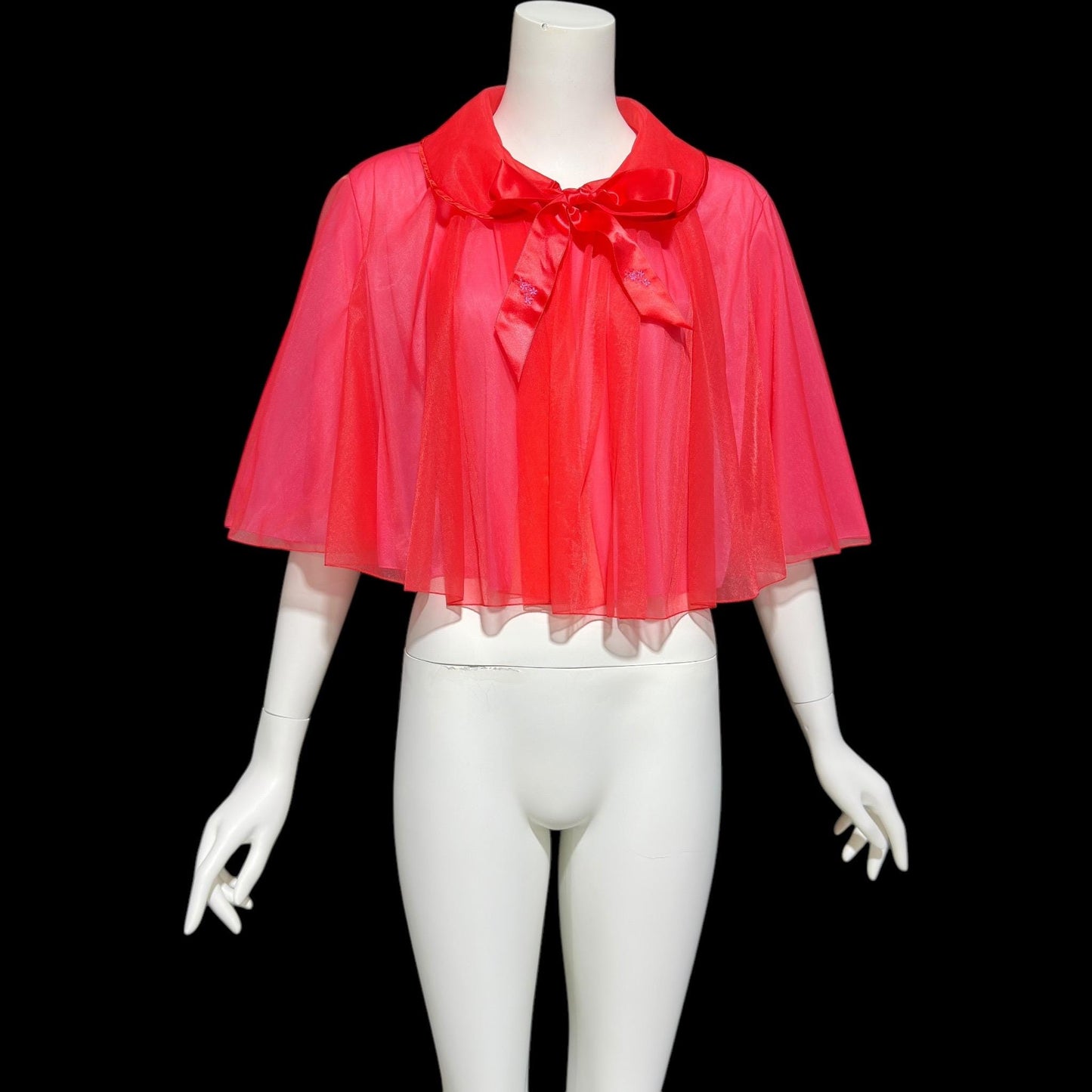 1950s vintage bed night jacket, Cherry Red & Hot Pink double layer chiffon cropped swing style jacket