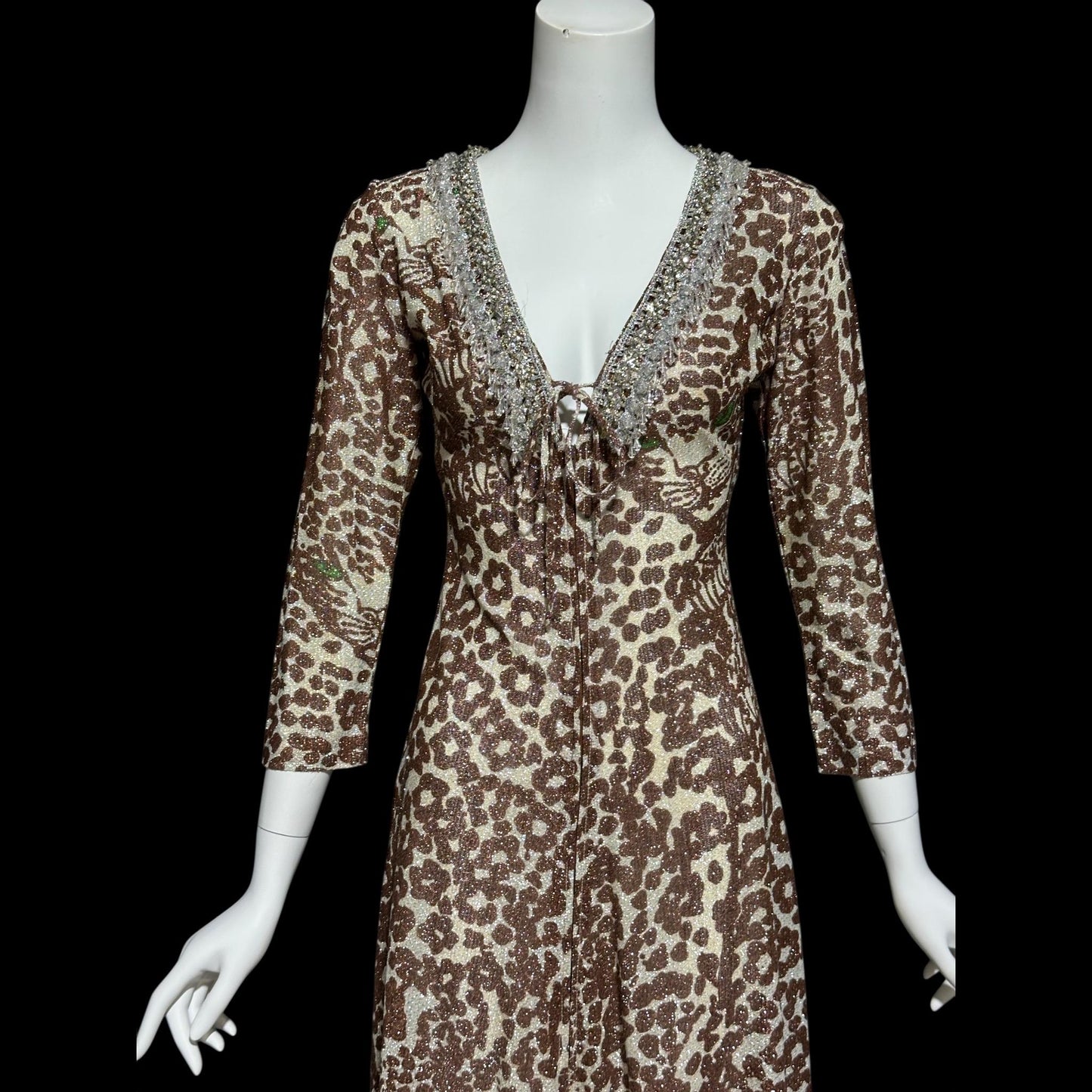 TAMMY vintage 1970s lurex maxi dress, slinky leopard animal print metallic knit party dress