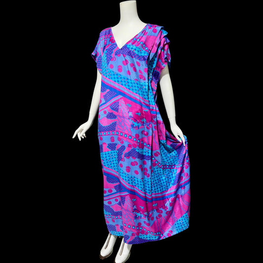 SULTANA by ADINI vintage 1970s caftan dress, blue purple and hot pink op art rayon