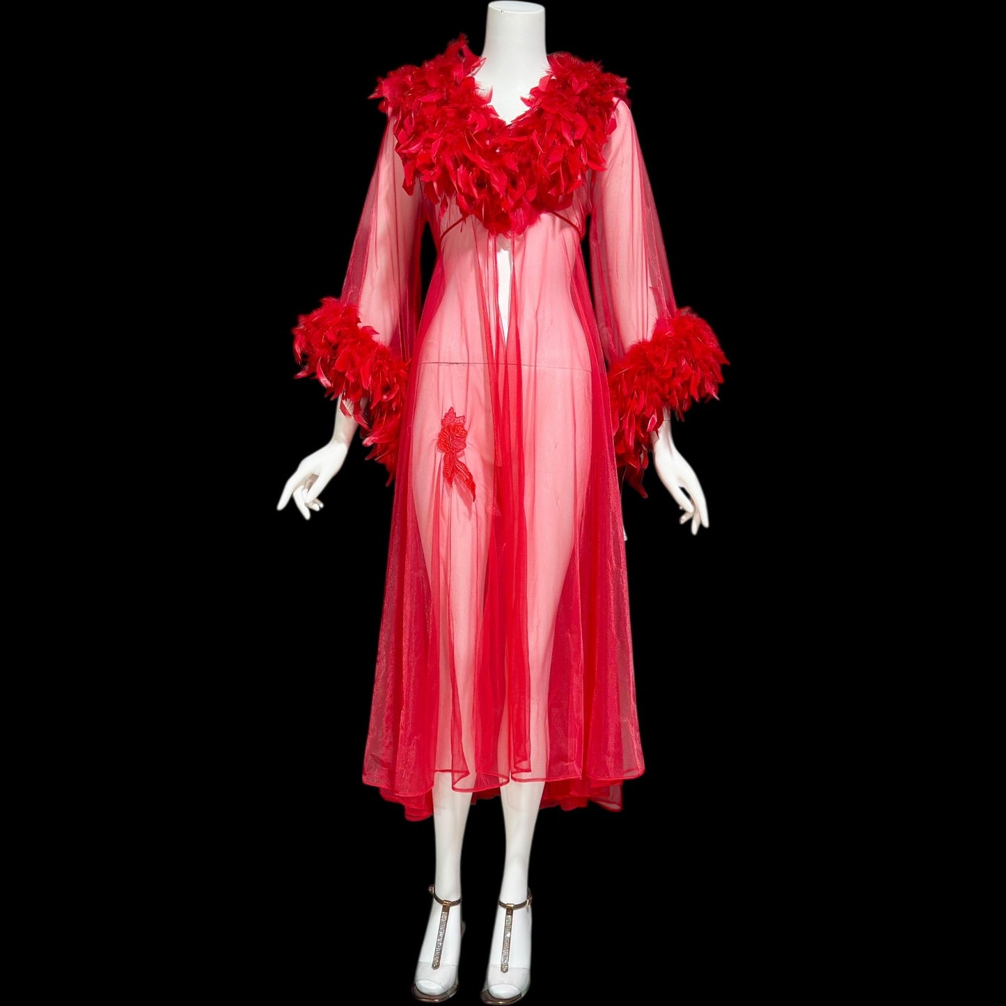 TRIANGLE vintage 1970s dressing gown, sheer bold red chiffon housecoat with feather trim, peignoir house coat