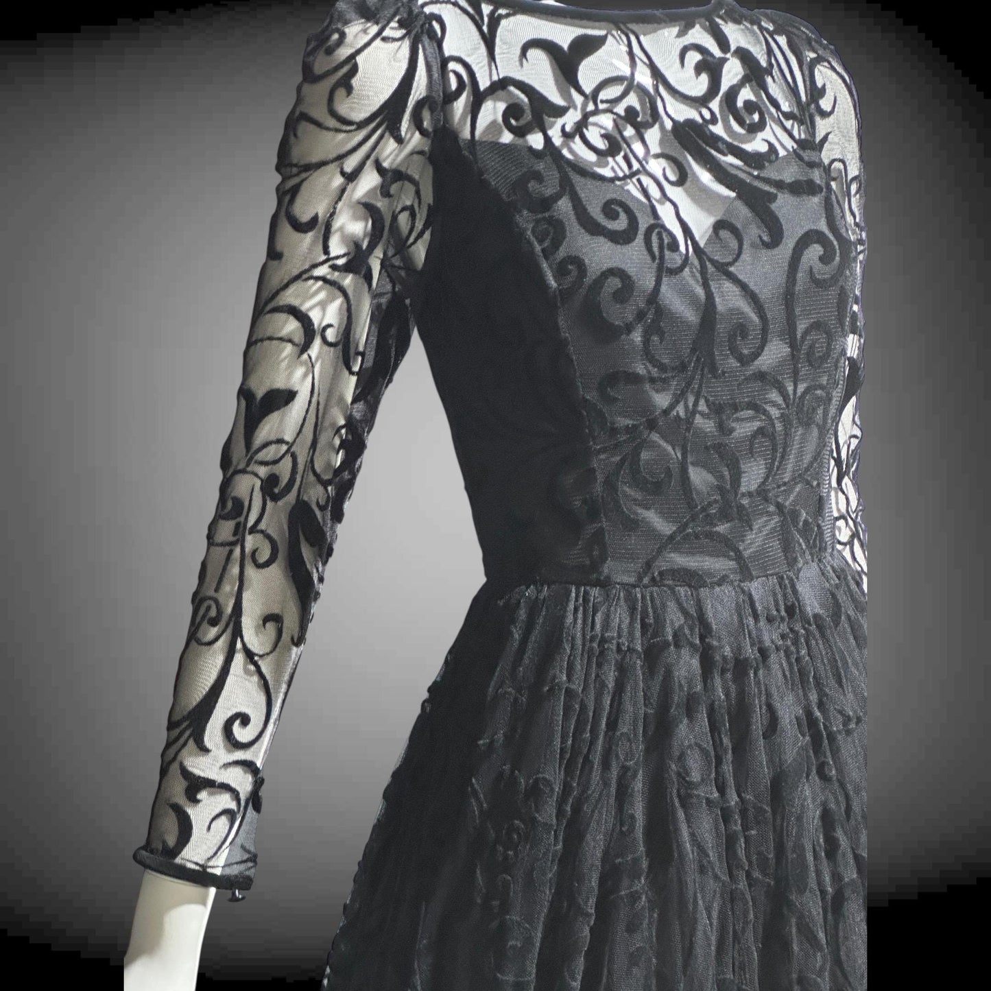 CAROLINE CHARLES, vintage 1980s evening dress ball gown, Made in England, Neiman Marcus Black formal dress