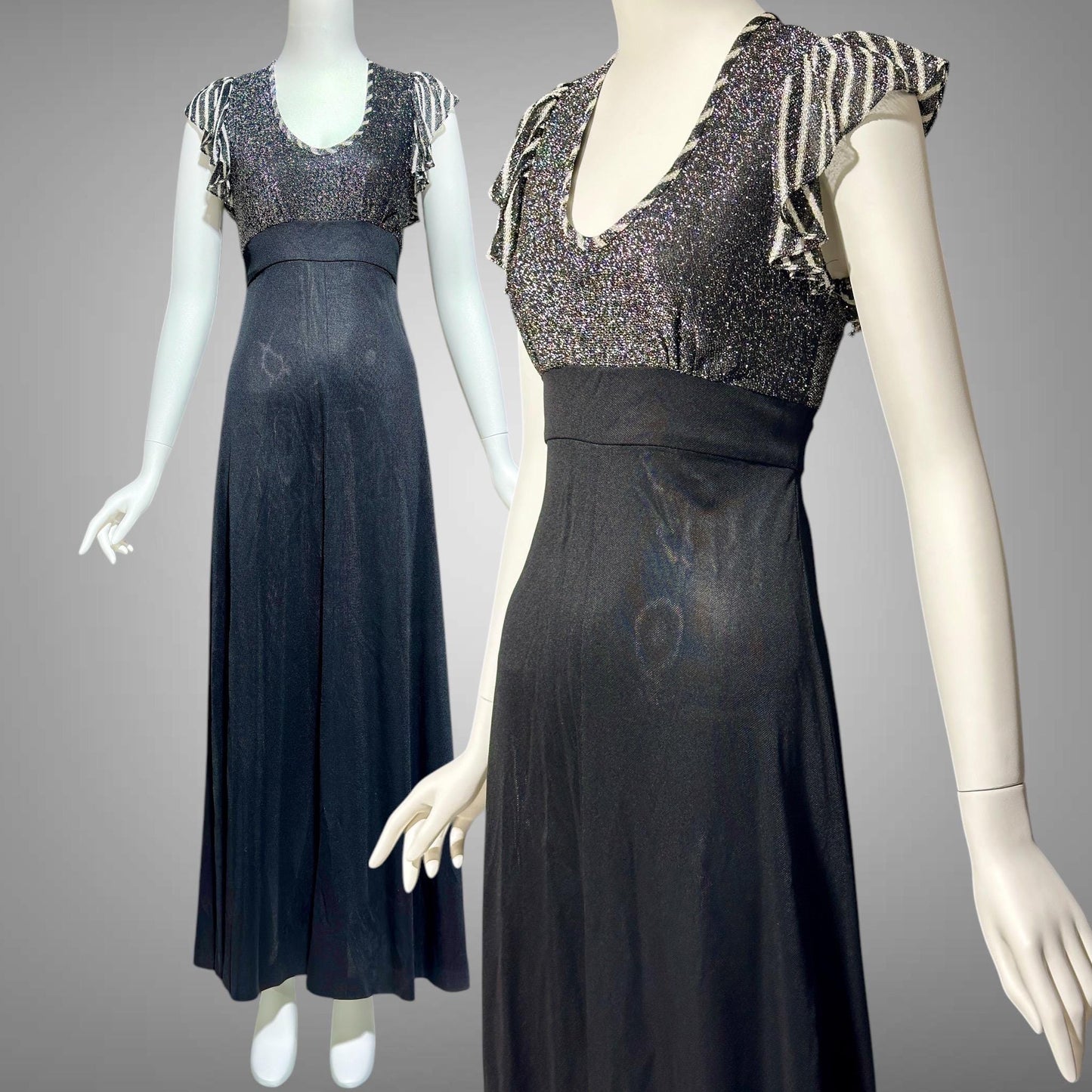 YOUNG INNOCENT by ARPEJA, 1970s vintage black jersey knit & lurex long dress