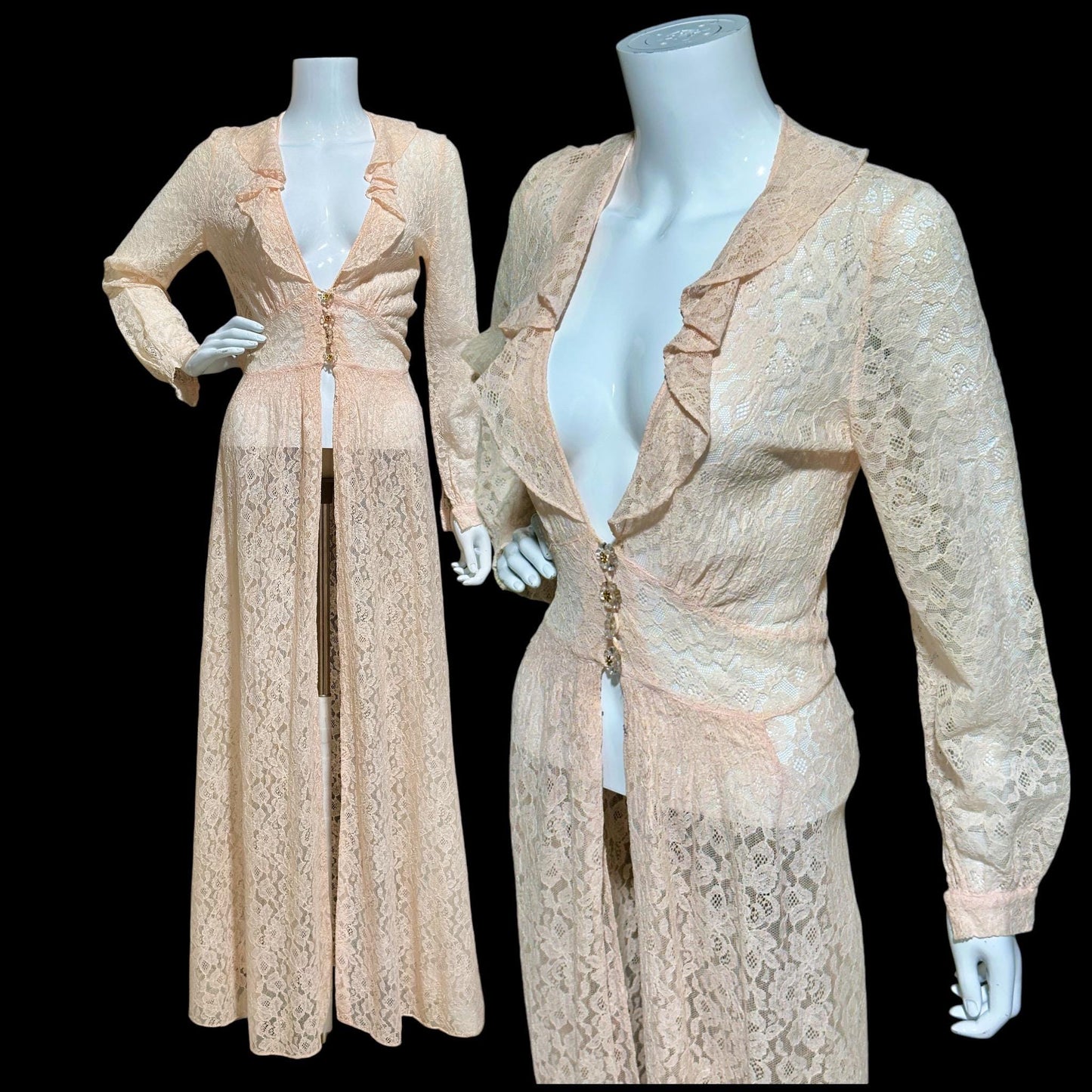 FLOBERT vintage 1940s sheer pink lace dressing gown robe, lace button front peignoir housecoat