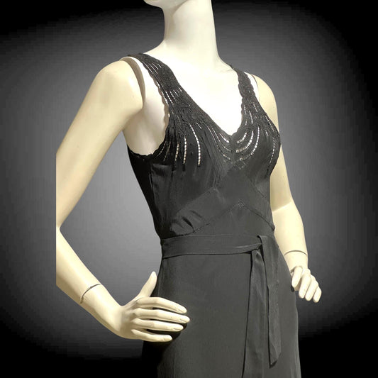 PEONY, vintage 1950s Silk Nightgown slip dress, inky black bias cut hand embroidered gown