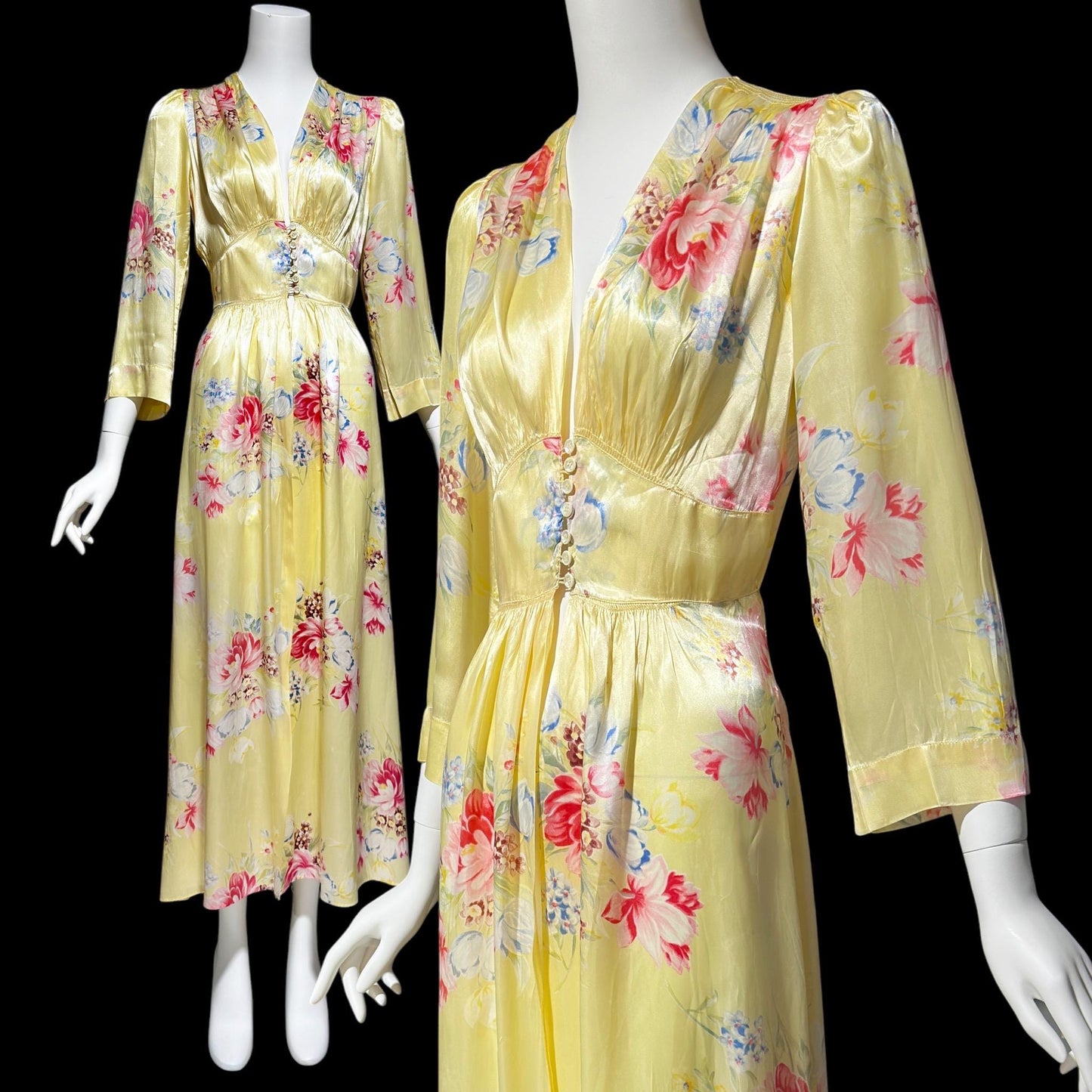 RADCLIFFE vintage 1940s satin dressing gown, yellow and pink floral satin button front housecoat