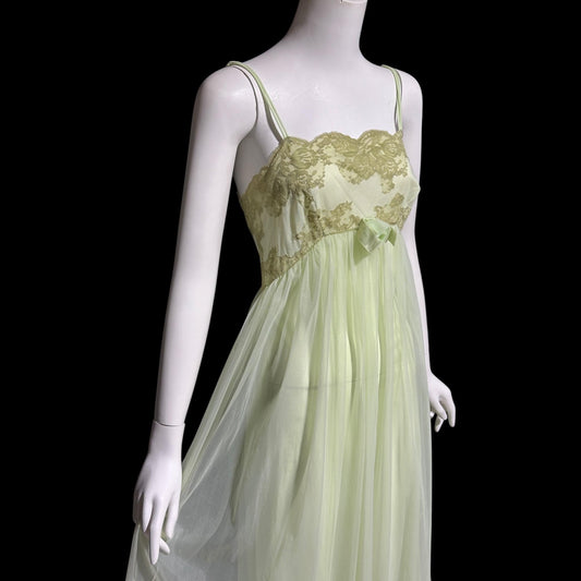 HENSON KICKERNICK vintage 1950s Nightgown Slip Dress: Pale minty apple green Nylon and Lace night Dress