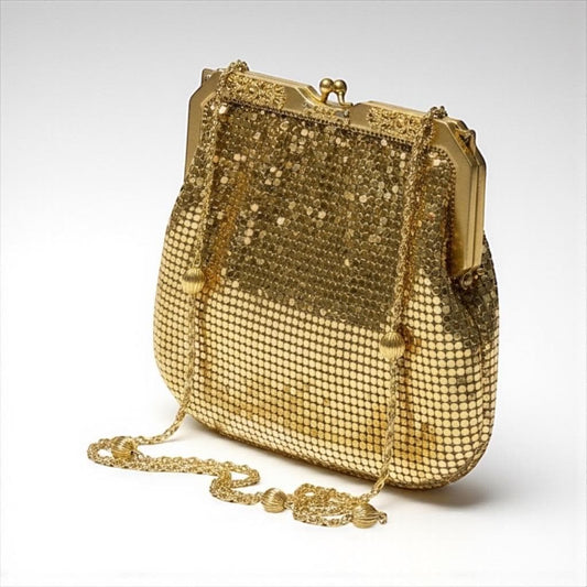 WHITING & DAVIS vintage 1960s mesh bag purse, gold mesh dance evening bag