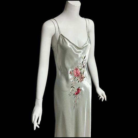 BONNIE STRAUSS, vintage 1990s slip dress, shiny satin bias cut sheath embroidered gown, 1940s style gown