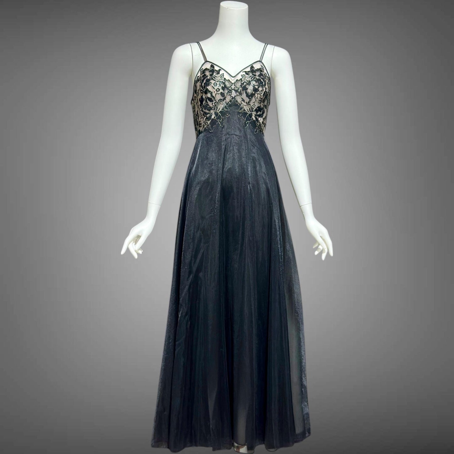 VANITY FAIR, vintage 1950s Nightgown Slip Dress, Dramatic black and silver double layer full sweep gown