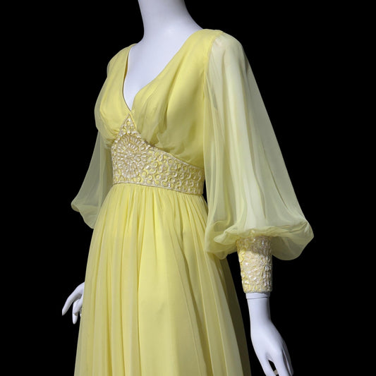 MIKE BENET, vintage 1970s evening dress, Lemon Yellow chiffon sequin formal ball gown