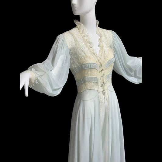 1930s Vintage nightgown robe set, sheer and ethereal blue nylon and white lace slip dress and peignoir set