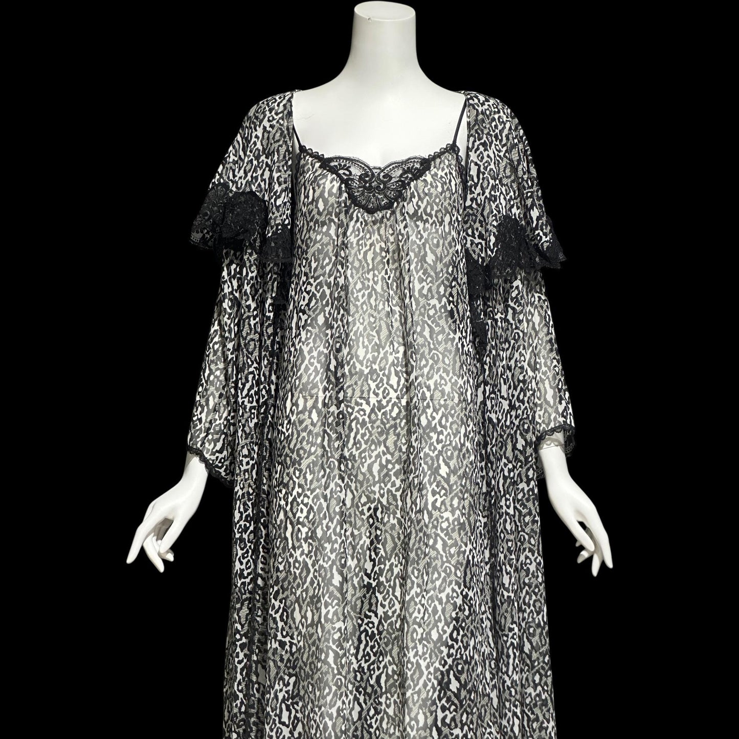 LUCIE ANN vintage 1970s nightgown robe peignoir set, black and white sheer animal print negligee slip dress set