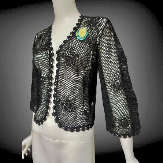 1950s vintage crochet cardigan, black 100% cotton Hand Made Shanghai cropped sweater
