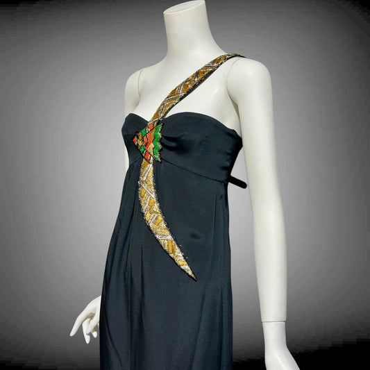 BERNARD PERRIS vintage 1980s beaded gown, black silk one shoulder sheath column evening gown, Made in France