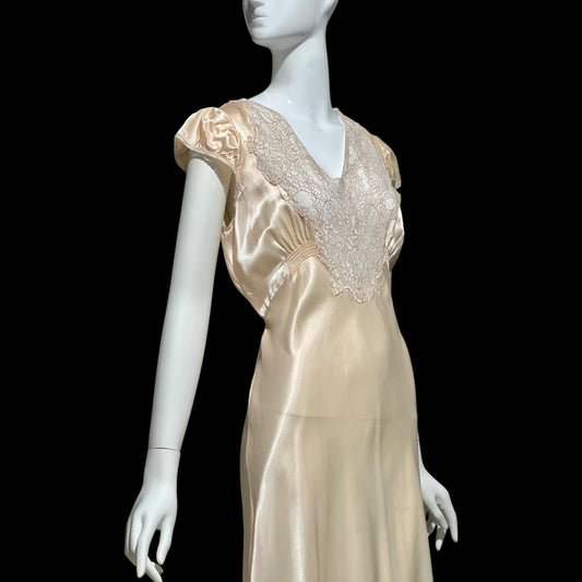 Femicraft vintage 1930s Rayon Slip Dress: Bias Cut Shiny Pale Peach Nightgown, Lace Trim