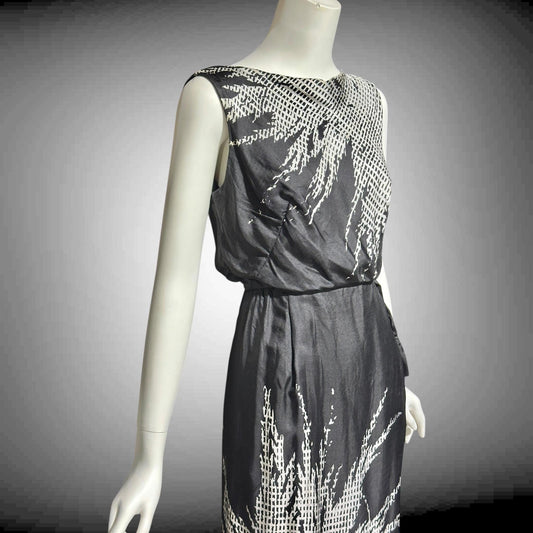 HELENA BARBIERI, vintage 1950s cocktail dress, Black and white silk wiggle dinner dress